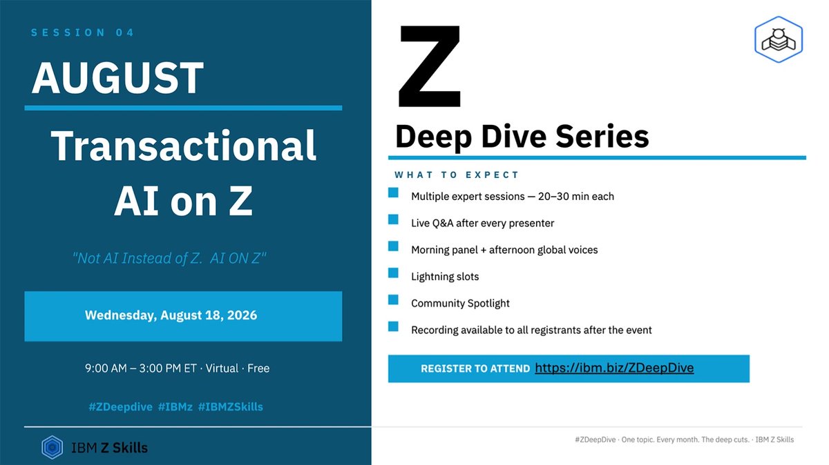 ITProLanceMejia's tweet photo. AI is most powerful when it's embedded where critical business transactions happen.

Looking forward to the next IBM Z Deep Dive Series on Transactional AI on Z.

Register here: https://t.co/9yAbyJ6GQw
Aug. 18, 2026 | Virtual &amp; Free

#IBMZ #IBMZSkills #ZDeepDive #Mainframe #AI https://t.co/cdnNIyHVW2
