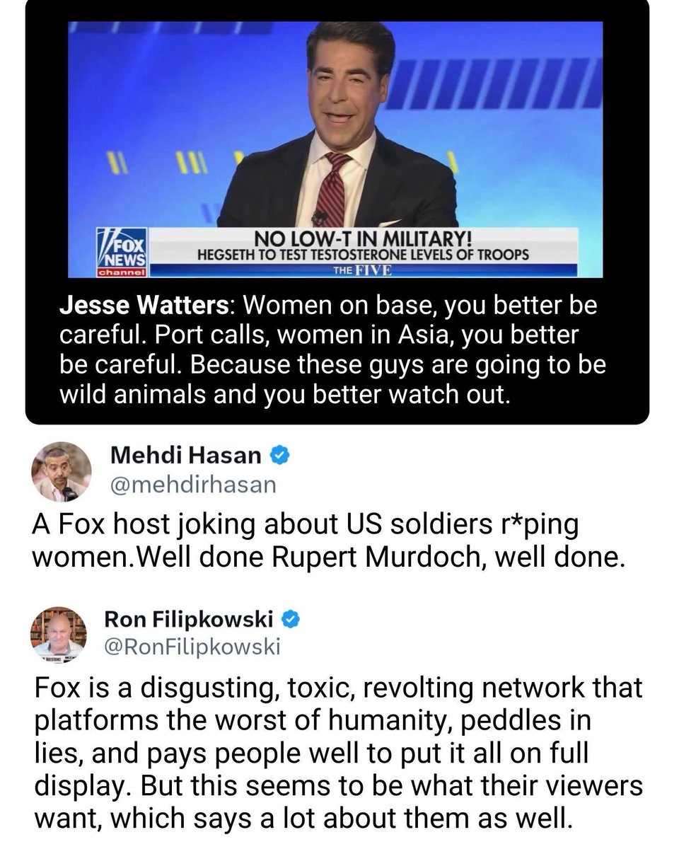 CaptainMaiel's tweet photo. Absolutely grotesque, @FoxNews and @JesseBWatters. As a survivor, I’m sick of television normalizing animalistic behavior in men. Fucking fire this scumbag! #GrOPe #MAGA #PEDOPARTY #survivors #enough #NotEntertainment #PropagandaShitSpreader https://t.co/hceDUf6JMA