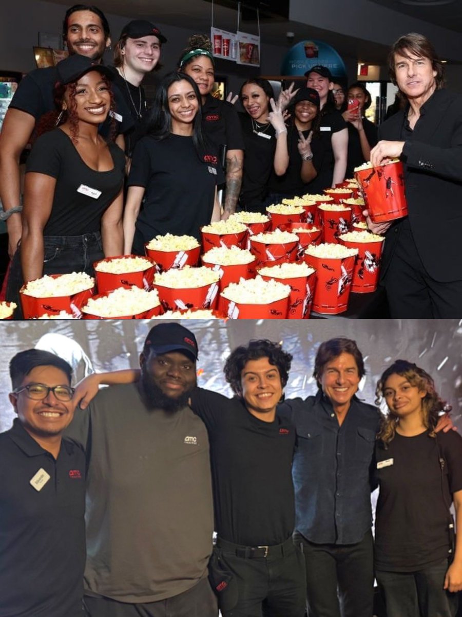 Tomolivia24's tweet photo. Tom ‘Gracious’ Cruise hanging out with AMC Lincoln Square employees for the second year in a row. https://t.co/K4A1RABEow