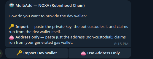 slashrunstudio's tweet photo. Bot is live.  Now you can against 2% Fee also multicollect fees on RobinHood chain from your NOXA deployed  and migrated coins .   
No need to share your private key if you don't trust us. You need to prefill the Gas wallet then with enough ETH. https://t.co/myzAogYLwH