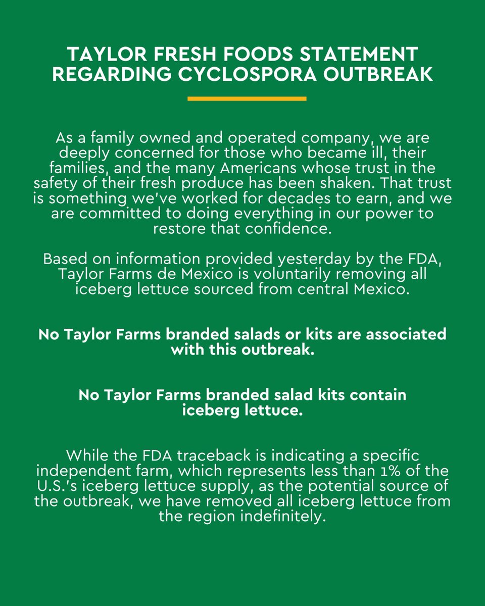 YourTaylorFarms's tweet photo. No Taylor Farms branded salads or kits are associated with this cyclospora outbreak. https://t.co/IHhvDyNrAF