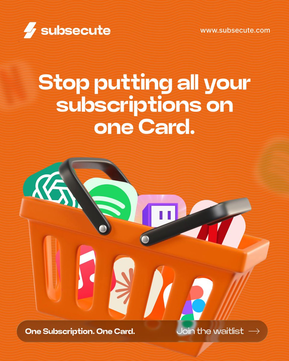 subsecute_'s tweet photo. One card.
Too many subscriptions.
Sound familiar? 👀

It's time to stop putting all your subscriptions on one card.

With Subsecute, every subscription gets its own dedicated card, giving you more control over your recurring payments.

One Subscription. One Card. Total Control.

https://t.co/apjXDlAJ7c

#subsecute
#nigeria #subscribe