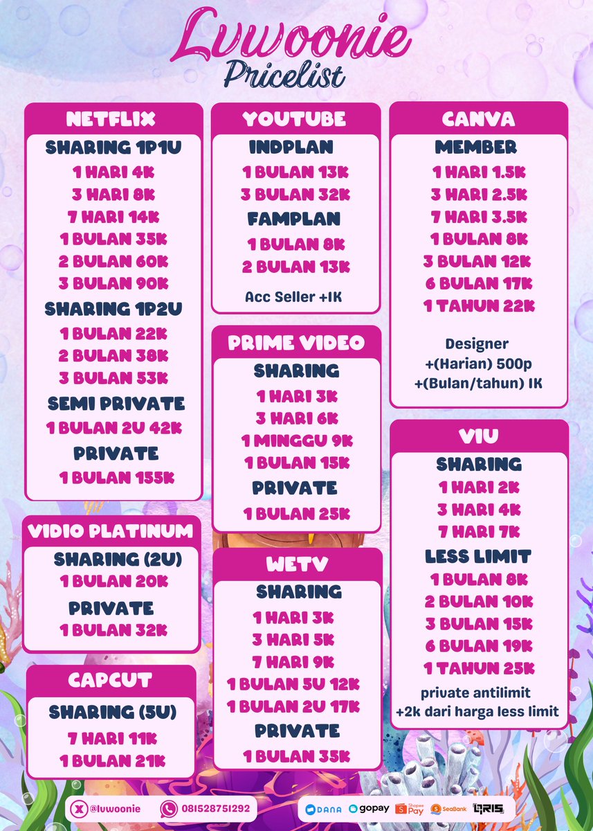 lvwoonie's tweet photo. @sclodsf aku kak, yuk cek pricelist nyaaa

yuk gess langsung di order! 
💵 : all e-wallet, qris, seabank
☎️ : https://t.co/C2tqv6mOaK https://t.co/JDieEhZUBq
