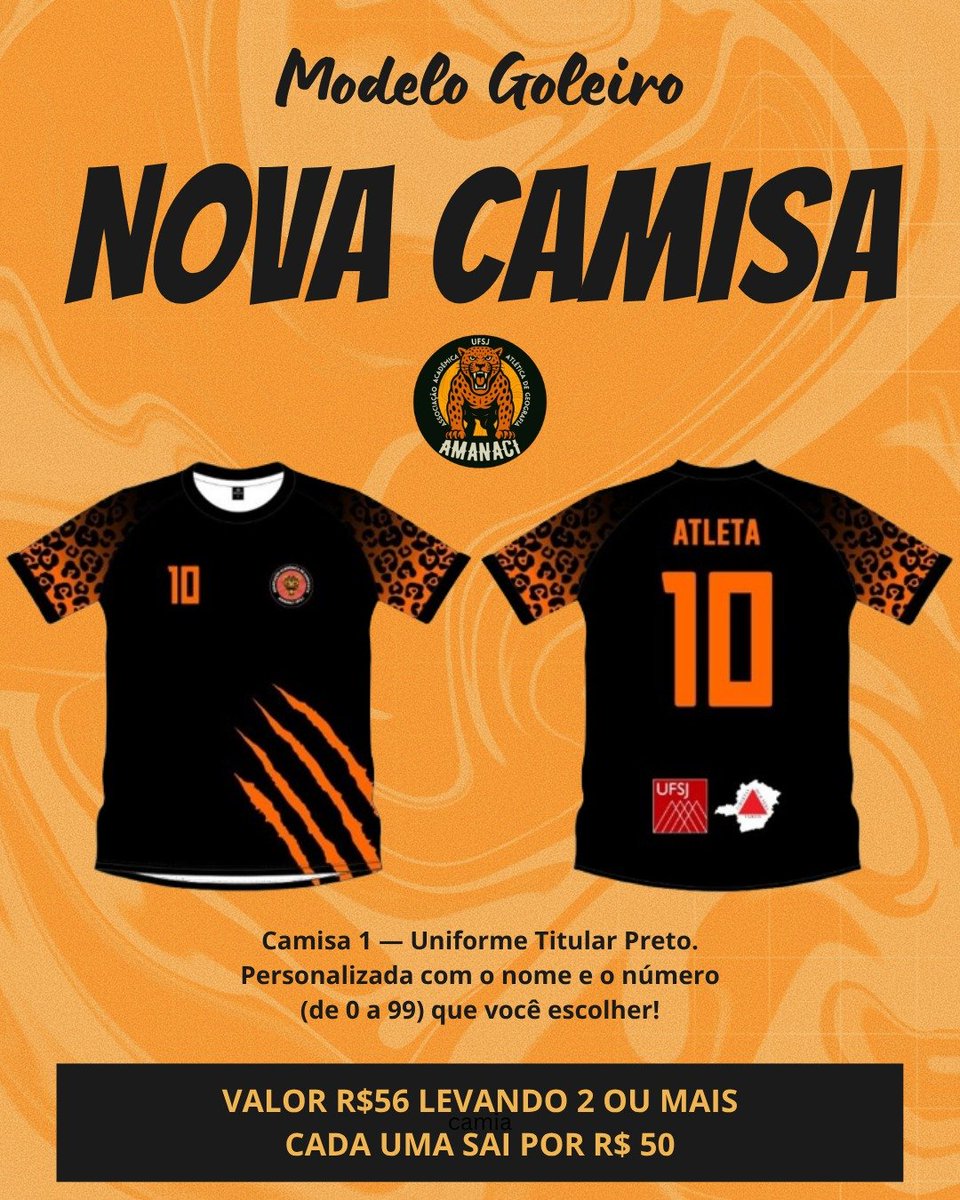 Amanaciufsj's tweet photo. Atenção, Geografia UFSJ! 🌍🔥

Chegaram as novas camisas de time da nossa atlética! 🏆
Tem reposição das queridinhas preta e branca, além do lançamento oficial da camisa de goleiro. 
Que tal garantir a de vocês? Vamos torcer pela onça.
Pedidos até dia 06/08/26 https://t.co/Zj9D1mWKBg