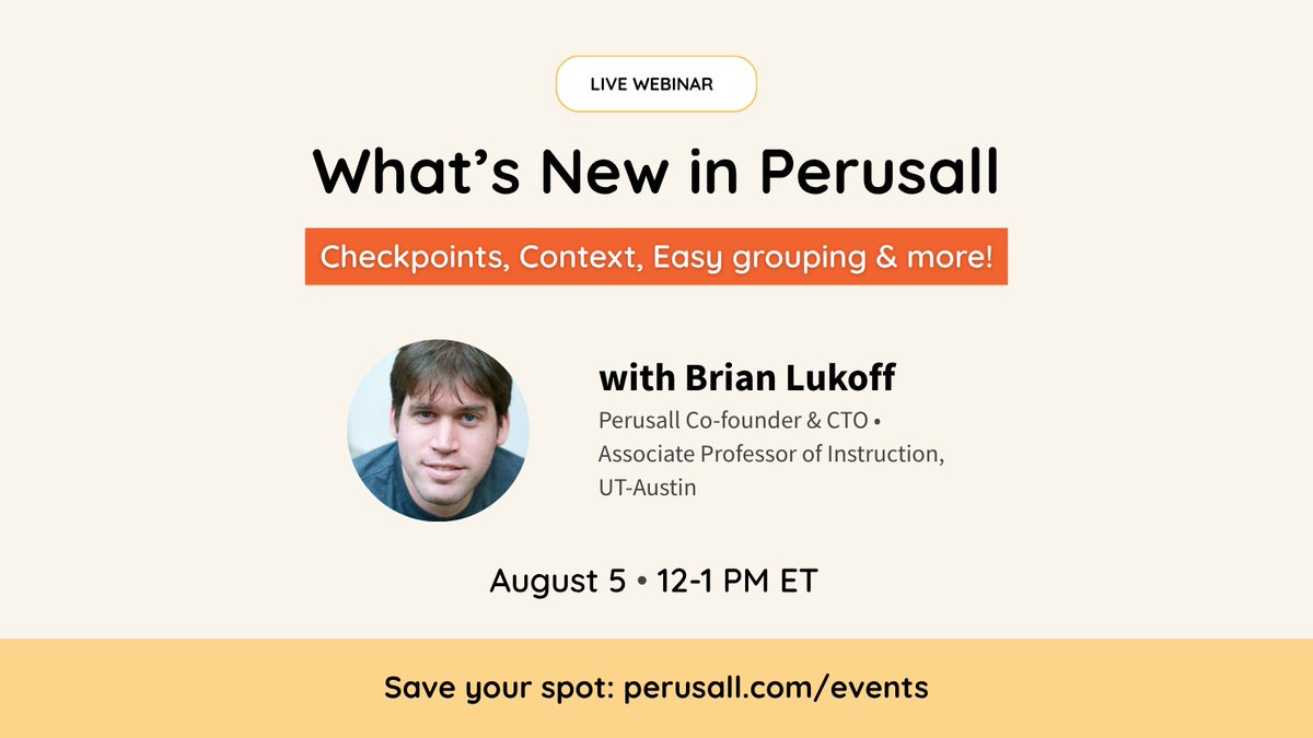 perusall's tweet photo. 🚀 What's new in Perusall? Co-founder &amp; CTO Brian Lukoff walks through our new features LIVE — Checkpoints, Context, Easy Grouping + more!
📅 Aug 5, 12 PM ET | Free
Save your spot: https://t.co/fA1GCXzMxJ https://t.co/71HEALH5UO