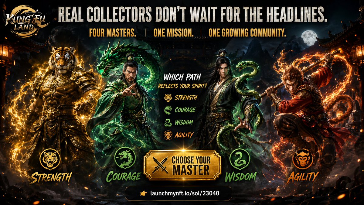 kungfulands's tweet photo. Four Masters.

One mission.

One growing community.

Which path reflects your spirit?

🐅 Strength
🐉 Courage
🐍 Wisdom
🐒 Agility
⚔️ Choose your Master.
👉 https://t.co/1gA3jSuo2E
#NFT #SolanaNFT #MintNow #Web3 https://t.co/x3IzPlWT3o