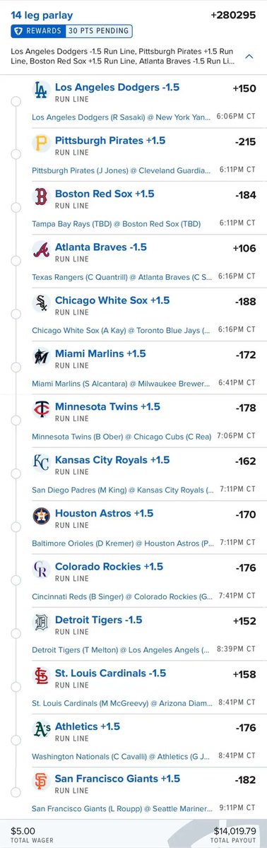 thepropdealer's tweet photo. 14 legs.
14 Spreads.

$5 pays $14,000.

All from my MLB Model.

Betslip 🔗 https://t.co/NO5TLE1bvV https://t.co/guykRYeRx0