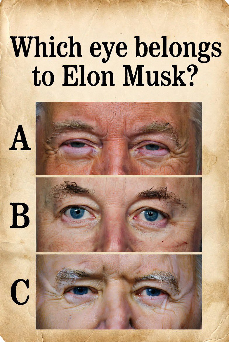 WeloveElon56's tweet photo. Which eye belongs to Elon Musk?

A, B, or C?
Comment fast! 🔥 https://t.co/ntLKx0bFxl