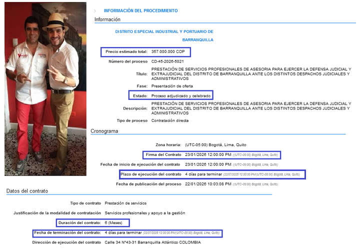 JuanPoe's tweet photo. !Atención! Así pidió la oficina de abogados de Abelardo de la Espriella a inicios de 2026 un contrato por 357 millones con la Alcaldía de su amigo Alejandro Char y le dieron precisamente un contrato de ese valor hasta el 22/07/2026. Todo es influencia y clientelismo con Espriella https://t.co/M3pAITUCBw