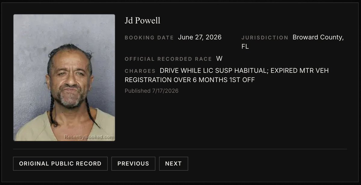 whiteboxproject's tweet photo. This is Jd Powell.

He is a habitual offender who has repeatedly driven without registration and sped on public roads and highways, endangering the lives of many Americans.

Broward County PD thinks he is White. Do you? https://t.co/jbro3NFmiO