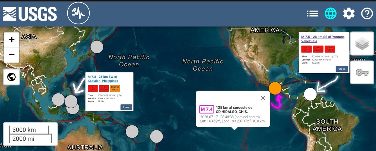 SasslaMx's tweet photo. 📊 𝟵° 𝘀𝗶𝘀𝗺𝗼 𝗺𝘂𝗻𝗱𝗶𝗮𝗹 𝗠≥𝟳.𝟬 𝗱𝗲𝗹 𝟮𝟬𝟮𝟲

🇲🇽 El #sismo magnitud 7.4 [#SSN] originado en el Golfo de #Tehuantepec (17/Jul/2026), se convirtió en el noveno sismo mayor (con magnitud superior a 7.0) en orden cronológico del presente año, según estadísticas actualizadas de #USGS.

🌎 Además, es el tercer evento de esta categoría originado en el continente americano en 2026, sólo después del doblete sísmico de 🇻🇪 #Venezuela del pasado 24/Jun [7.2, 7.5 Mw].

■ Desde el inicio formal del s.XXI [2001 - 2025], en promedio mundial, se registran 14 a 16 sismos M≥7.0 por año.

ℹ️ Créditos:
.: Catálogo del Servicio Geológico de los Estados Unidos [#USGS]

#SASSLA
