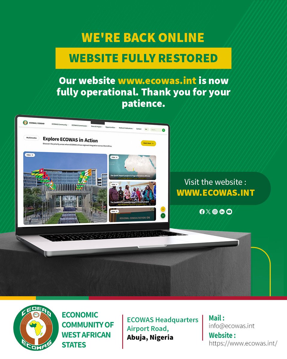 ecowas_cedeao's tweet photo. We're Back Online
Our website https://t.co/Av1nY6SkMM is now fully operational. Thank you for your patience during the maintenance period.
🌐 Visit: https://t.co/Av1nY6SkMM
#ECOWAS #CEDEAO #BackOnline https://t.co/QZ8VKsJMIN