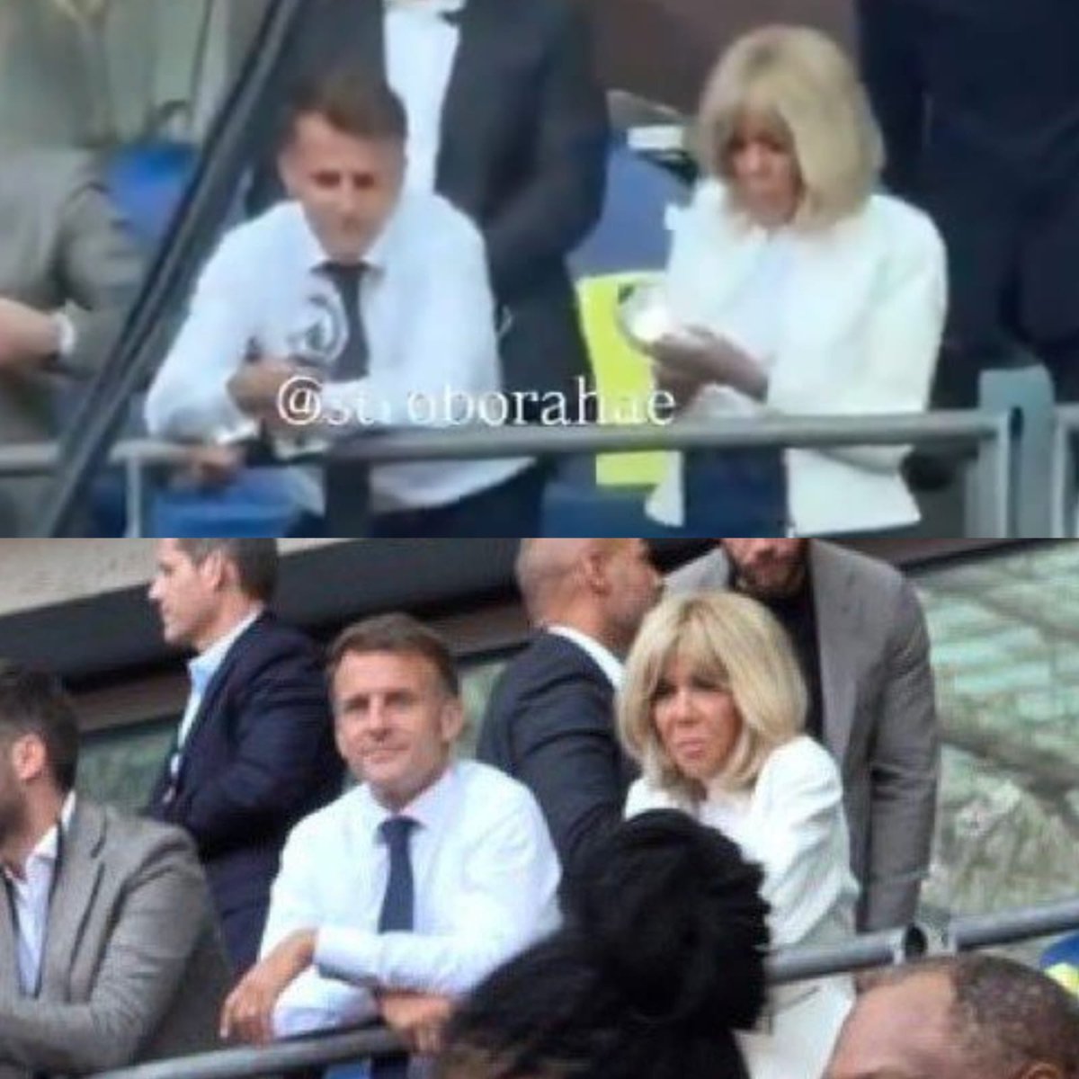 TheePopCore's tweet photo. French President Emmanuel Macron and First Lady Brigitte Macron attended BTS' SOLD-OUT concert in Paris with ARMY Bombs. https://t.co/7SeCYEUghE