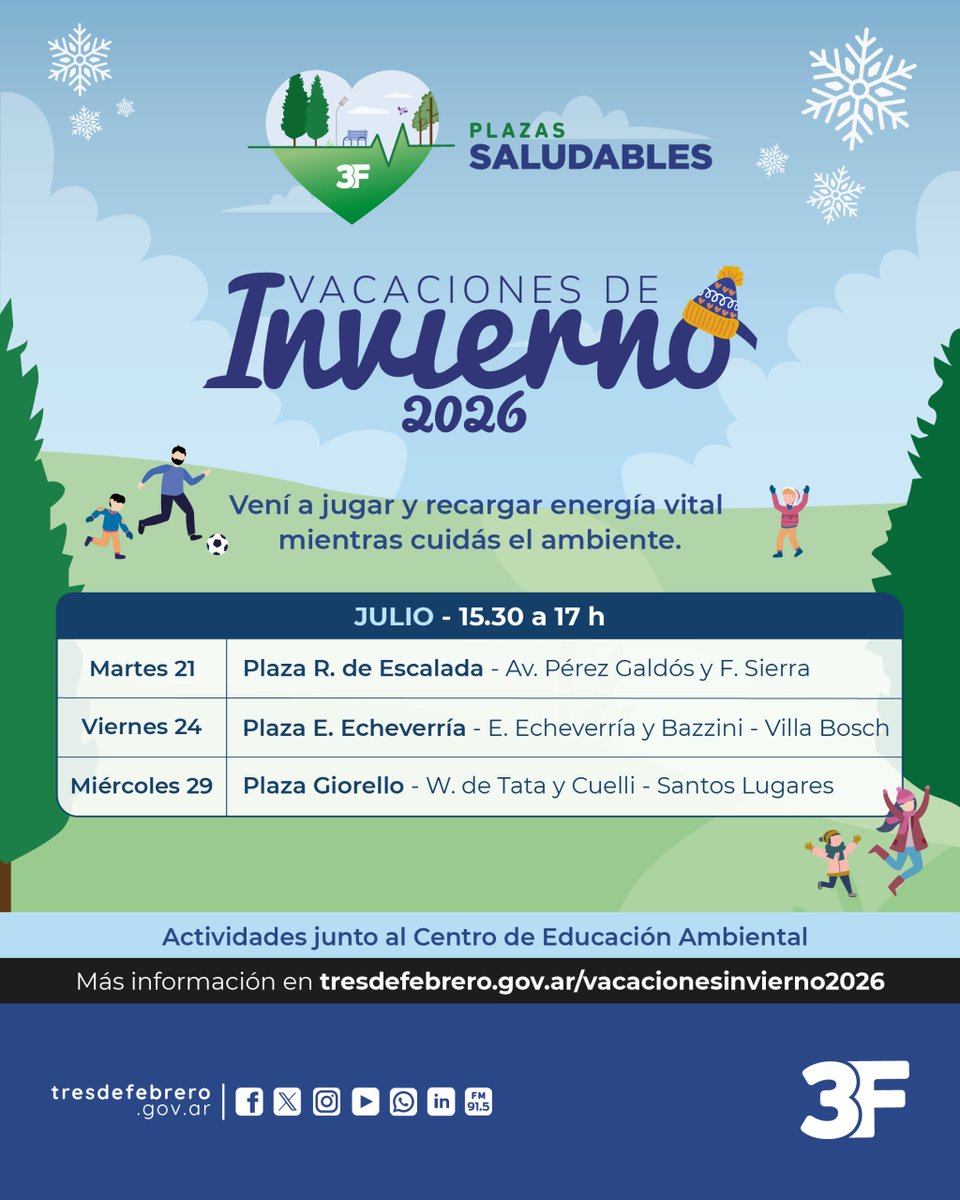 Municipalidad3F's tweet photo. ❄️Para ganarle al frío con pura energía, te armamos propuestas espectaculares para que los más chicos jueguen, aprendan y descubran la naturaleza. Con actividades interactivas, las tardes de julio van a ser a pura diversión: Plazas Saludables y Ecotalleres en el CEA. https://t.co/z4XwnuP76s