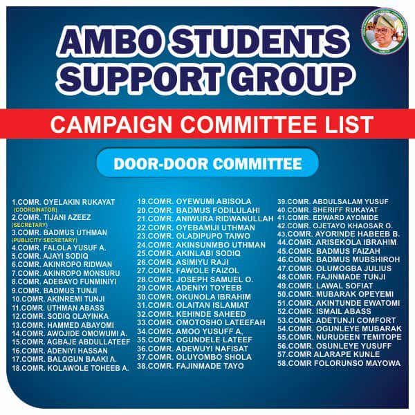 call_me_mateen0's tweet photo. AMBOSS UNVEILS COMMITTEES TO DRIVE CAMPUS TOUR, MARKET ENGAGEMENT & DOOR-TO-DOOR CAMPAIGN

This is to officially notify all members of the Asiwaju Munirudeen Bola Oyebamiji Students Support Group (AMBOSS), as well as every supporter of the Asiwaju Munirudeen Bola Oyebamiji (@OyebamijiBola) for Governor Project, that the leadership has constituted and unveiled the committees that will coordinate the Campus Tour, Market Engagement, and Door-to-Door Campaign across the length and breadth of Osun State.

This strategic initiative reflects our commitment to building a vibrant grassroots movement that will engage students and the general public with the vision of Asiwaju Munirudeen Bola Oyebamiji - AMBO (@OyebamijiBola). As a leader who has consistently identified with students, championed youth development, and remained accessible to the aspirations of young people, AMBO stands out as a students' lover who truly deserves the unwavering support of students across Osun State.

The campaign structure comprises the following strategic units:

1. Campus Tour Committee
2. Market Engagement Committee
3. Door-to-Door Campaign Committee

Each committee is supported by a dedicated Executive Team responsible for planning, coordinating, and supervising activities to ensure effective grassroots mobilization throughout the state.

We congratulate every member entrusted with this responsibility and encourage them to serve with integrity, commitment, and excellence. 

Let us work together to take the message of Asiwaju Munirudeen Bola Oyebamiji for Governor to every campus, market, community, and household across Osun State, while inspiring students to rally behind the students' leader who has consistently demonstrated his commitment to their welfare and future.

The journey to victory begins with effective organization, collective sacrifice, and unwavering dedication. Together, we will build the momentum needed to secure victory.

Together, we move AMBO to victory!

SIGNED:
Comr. Badmus Afwul opeyemi
(@BadmusAbdulafu1)
AMBOSS DG

Comr. Adeniyi Afeez Taiwo
AMBOSS General Secretary
(@Hardunfheade)