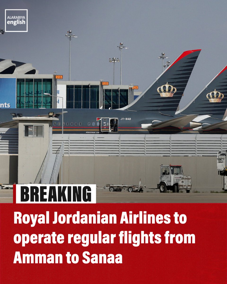 AlArabiya_Eng's tweet photo. 🔴 The Royal Jordanian Airlines will operate regular flights from Amman to Yemen’s Sanaa, Jordan says

🔴 The flights aim to bolster humanitarian efforts and support Saudi Arabia’s push for peace in Yemen https://t.co/zBpdxzsMfN