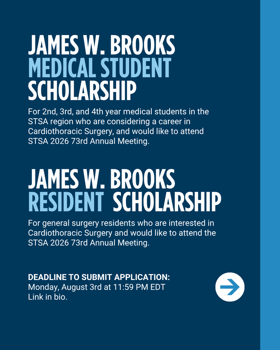 stsa1954's tweet photo. 🚨 3 scholarships. 1 deadline. August 3rd at 11:59 PM EDT.

Andrea J. Carpenter MD, James W. Brooks Medical Student, and James W. Brooks Resident Scholarships are open now.

Apply at https://t.co/AsJ4gZ18Mz / link in bio—or tag someone who should. https://t.co/rYJb4UZQl3