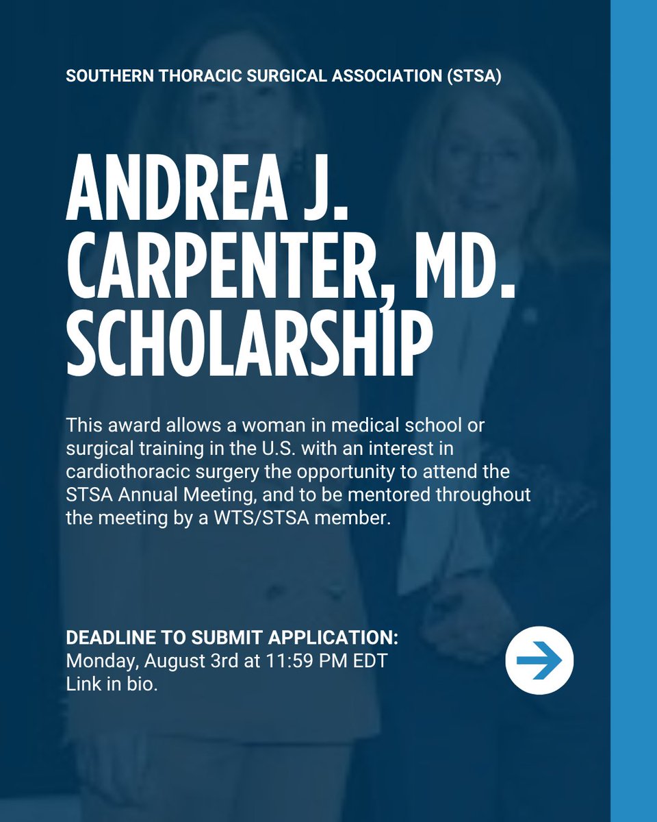 stsa1954's tweet photo. 🚨 3 scholarships. 1 deadline. August 3rd at 11:59 PM EDT.

Andrea J. Carpenter MD, James W. Brooks Medical Student, and James W. Brooks Resident Scholarships are open now.

Apply at https://t.co/AsJ4gZ18Mz / link in bio—or tag someone who should. https://t.co/rYJb4UZQl3