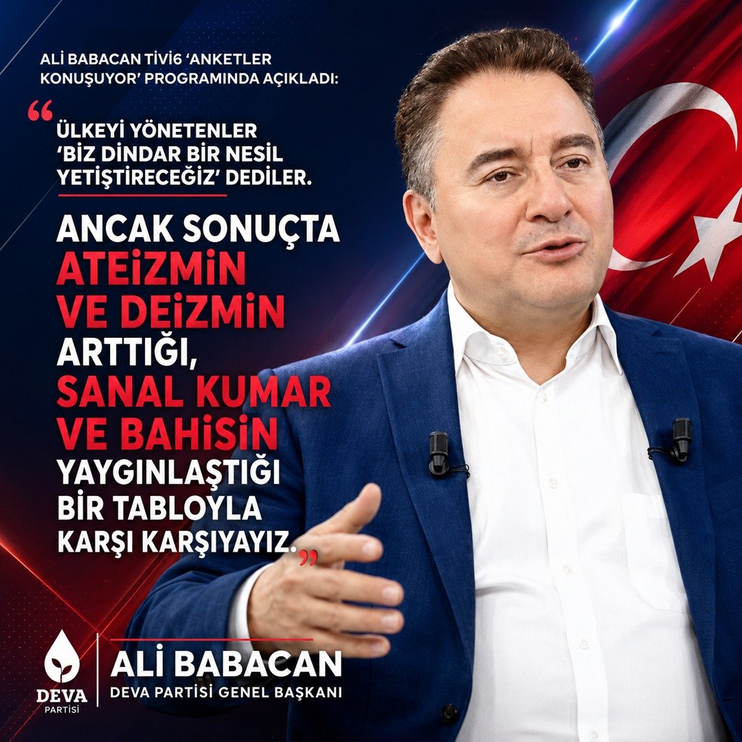 drhamzagur23's tweet photo. Ali Babacan Tivi6 'Anketler Konuşuyor' programında açıkladı:
“Ülkeyi yönetenler, ‘Biz dindar bir nesil yetiştireceğiz.’ dediler. Ancak sonuçta ateizmin ve deizmin arttığı, sanal kumar ve bahsin yaygınlaştığı bir tabloyla karşı karşıyayız.” https://t.co/i6hgNJB7zv