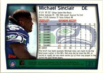 ASchatzNFL's tweet photo. Football Card of the Day: 1999 Topps Michael Sinclair

Just got this set in the mail today. Sinclair isn't remembered by many fans but he worked himself up from a sixth-round pick to post three straight years with a dozen sacks. https://t.co/bFdxLhvwNU