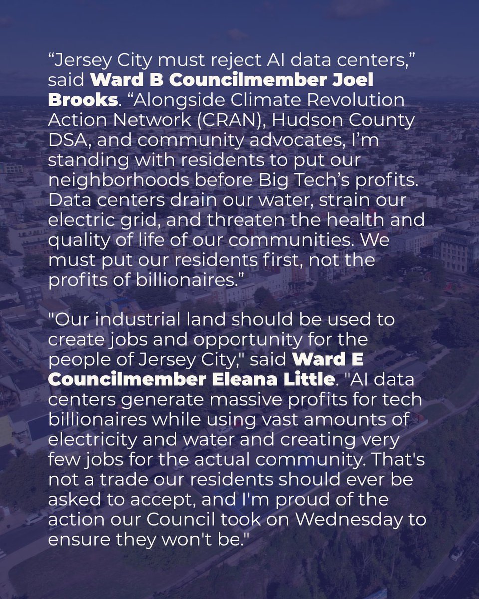 JerseyCity's tweet photo. NEWS: On Wednesday, Mayor James Solomon and the Jersey City Council introduced an ordinance banning data centers in Jersey City's industrial zone. https://t.co/hkDeOmgWDa