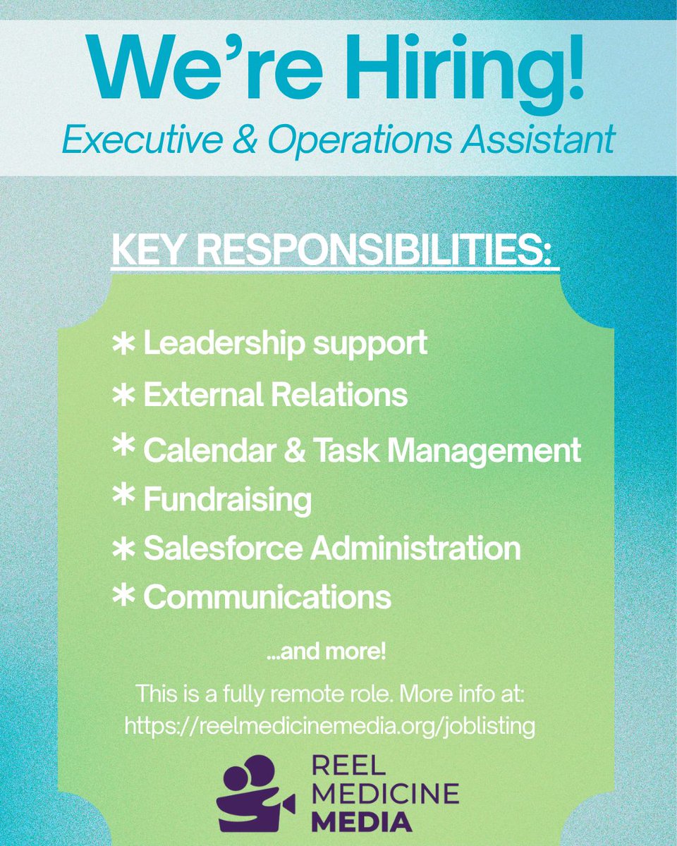 JessicaZitter's tweet photo. Reel Medicine Media is hiring an Executive &amp; Operations Assistant! 

For more information on the position, please go to: https://t.co/jVHhcOJ3uN https://t.co/n3RxhA4EbB