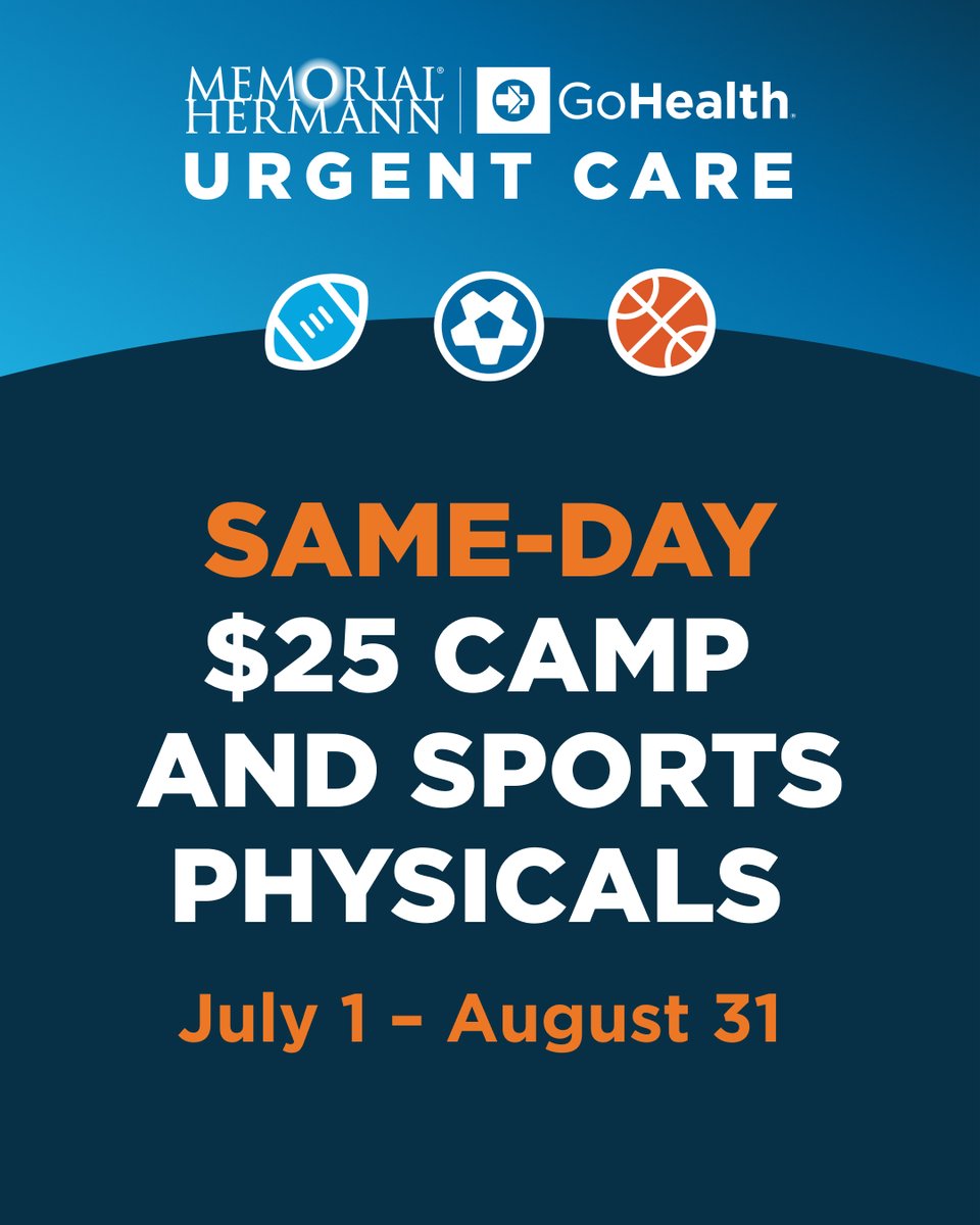 HTXSoccer's tweet photo. Packed schedule? Memorial Hermann-GoHealth Urgent Care is your trusted go-to for same-day $25 sports and camp physicals. Grab the necessary forms from your child’s school or camp and save your spot online, or just walk in today.

#htxsoccer https://t.co/r66owdV9aN