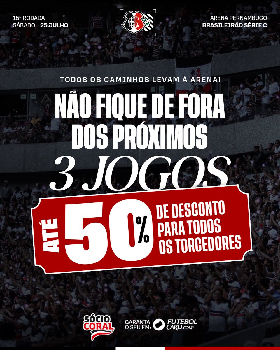 SantaCruzFC's tweet photo. Tricolor, precisamos jogar juntos em busca do nosso objetivo. Sábado, dia 25, é dia de Arena! 🐍

Garanta seu pacote para os três últimos jogos do Santa na primeira fase da Série C e aproveite até 50% de desconto para todos os torcedores.

Acesse: https://t.co/F43RWVpWhM https://t.co/Nw4UhbuxxA