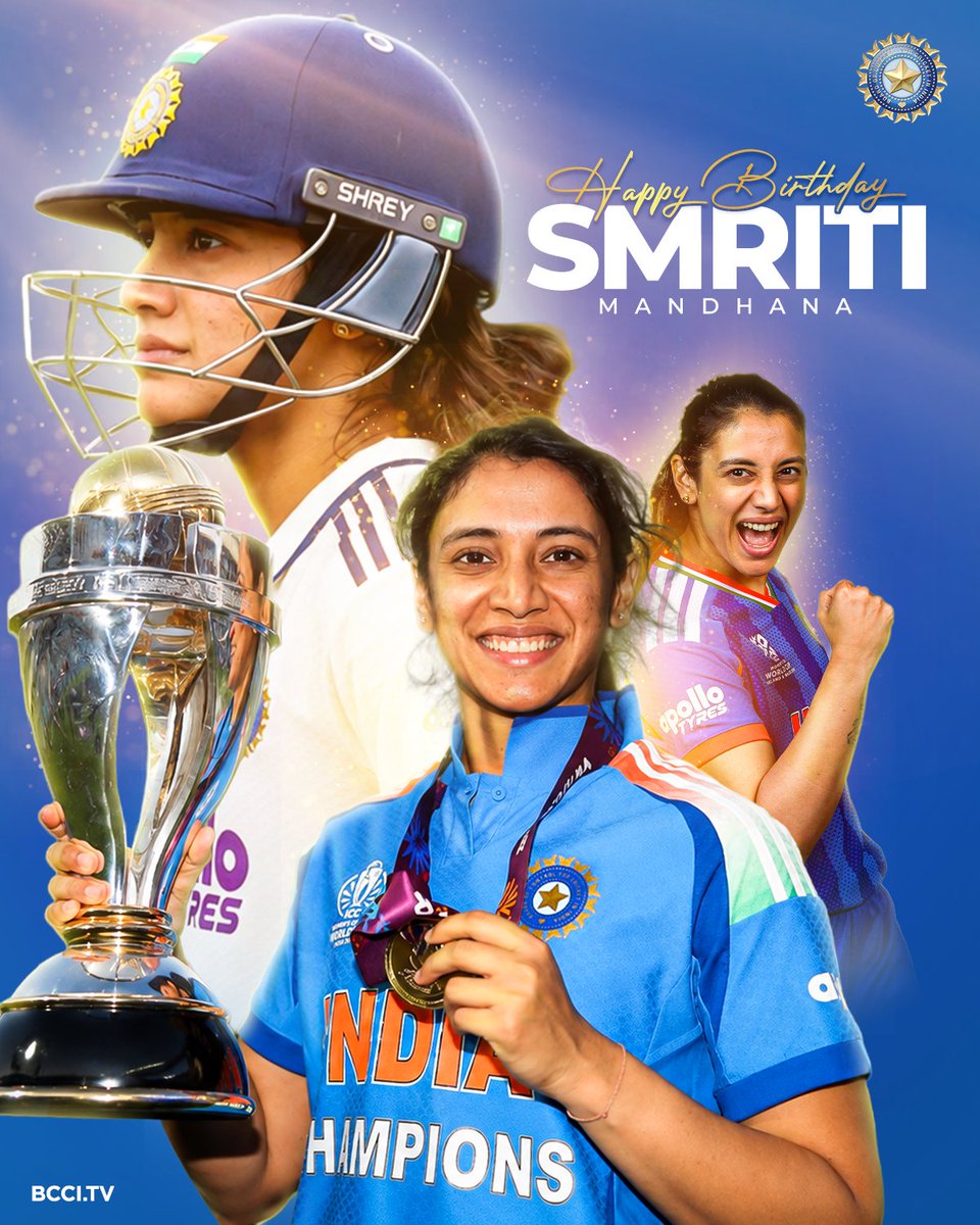 BCCIWomen's tweet photo. 2️⃣0️⃣2️⃣5️⃣ World Cup Winner 🏆
3️⃣0️⃣0️⃣ Intl Matches
1️⃣0️⃣,7️⃣3️⃣7️⃣ Intl Runs
1️⃣7️⃣ Intl Centuries 

Here's wishing #TeamIndia vice-captain Smriti Mandhana a very Happy Birthday 🎂

@mandhana_smriti https://t.co/p7CG8K1LUj
