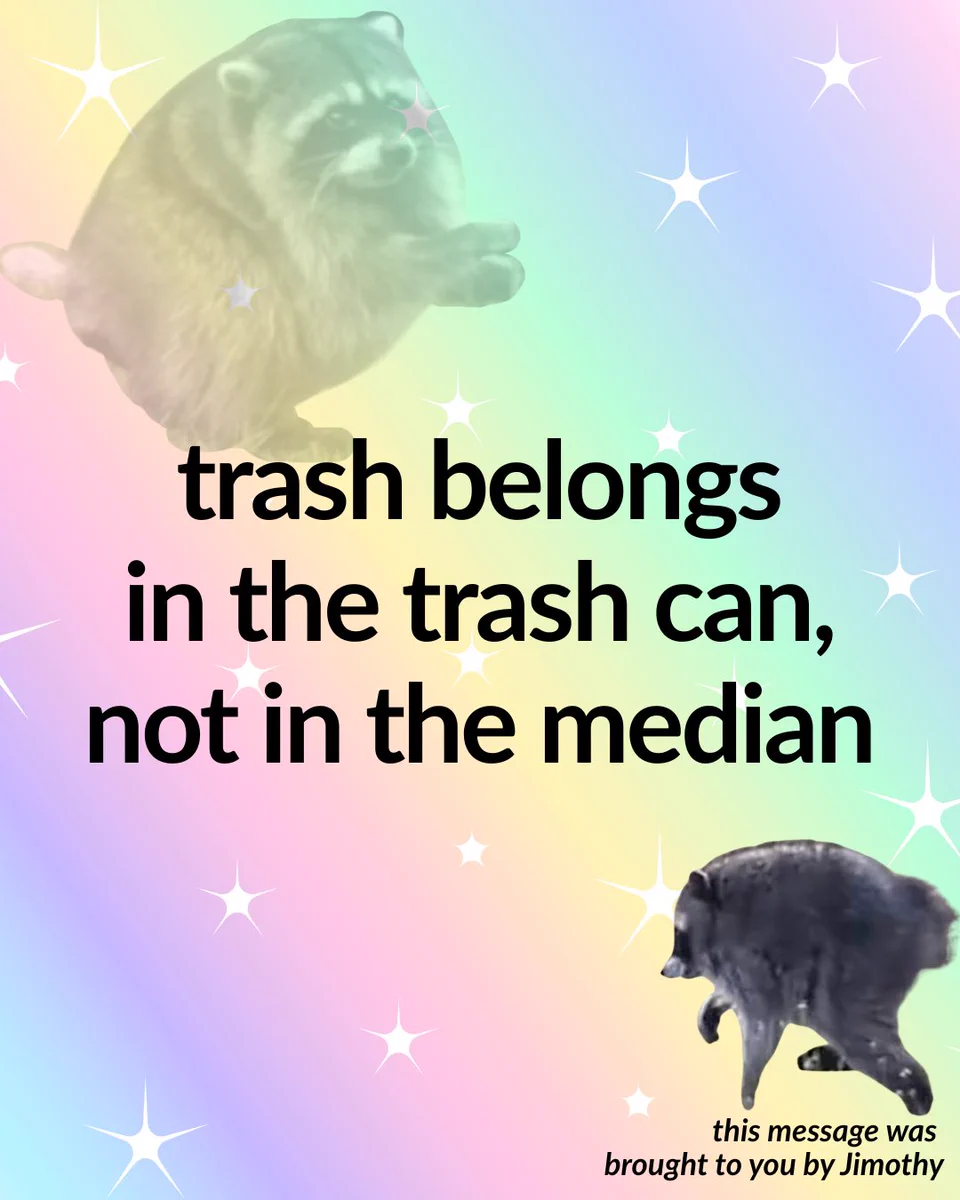Jimothy the raccoon dashes around a rainbow-gradient graphic that reads: trash belongs in the trash can, not in the median. This message was brought to you by Jimothy