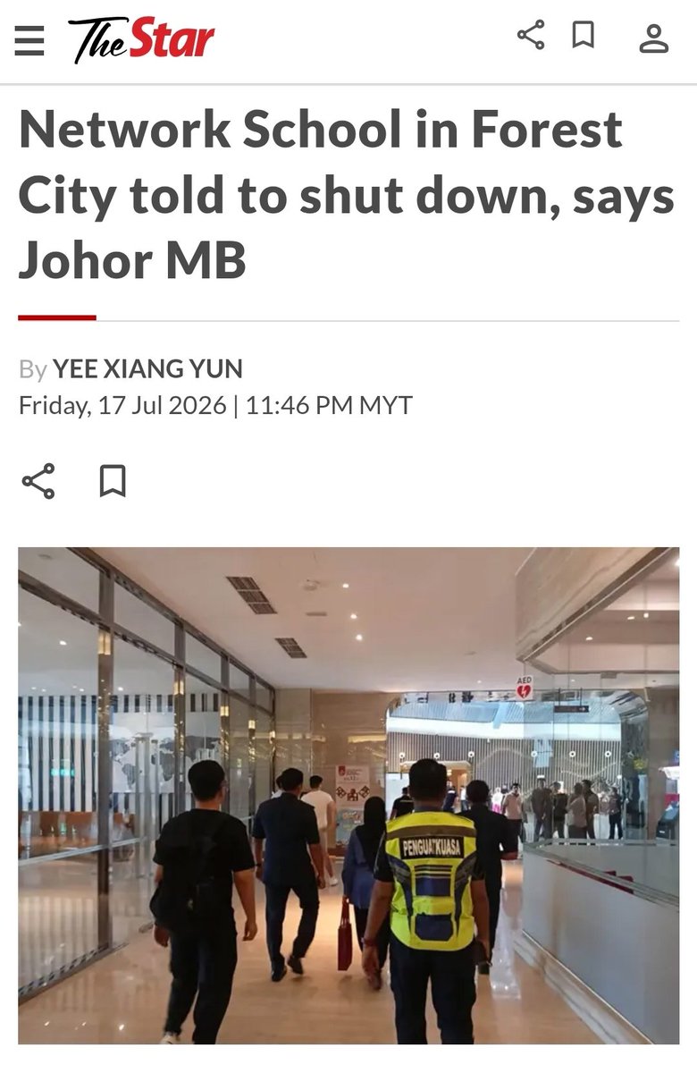 ahchoen's tweet photo. Network School has been ordered to shut down by city level authorities (not even state or federal) for breaching local laws. 

They seem to be very basic ones and if they had hired knowledgeable Malaysian staff, mistakes like this is very avoidable.

From The Star newspaper:

"ISKANDAR PUTERI: The Network School operating in Forest City has been issued with a cessation of business notice after local authorities found one of the premises was operating without a valid business licence, says Datuk Onn Hafiz Ghazi.

"The Johor Mentri Besar said the Iskandar Puteri City Council (MBIP) has issued the enforcement notice to the unlicensed premises as well as an advertising licence notice under Section 107(2) of the Local Government Act 1976 for displaying signboards that did not comply with approved conditions."