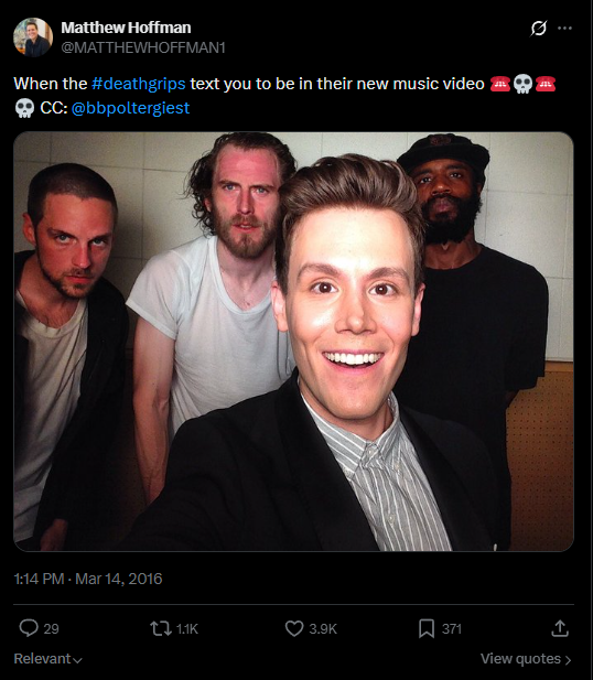 icontwts's tweet photo. Death Grips involving Matthew Hoffman for their single "Interview 2016"

He is well known for narrating and co-writing Love Island USA https://t.co/pppsIuZ8IJ