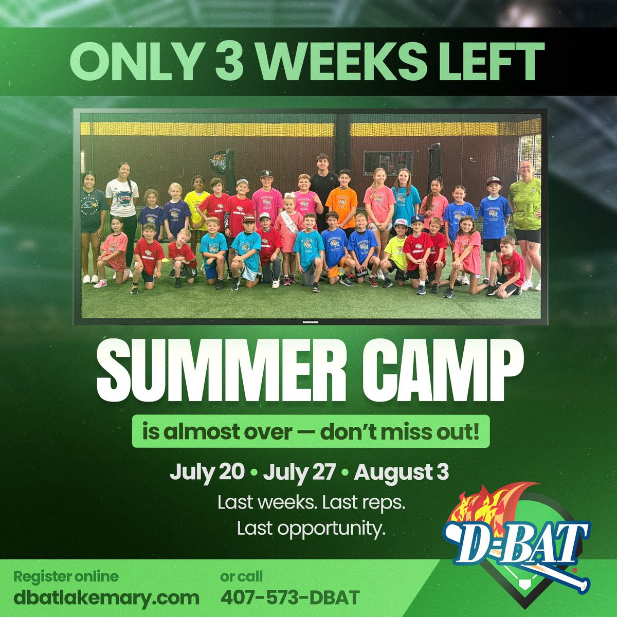 lake_bat's tweet photo. We’re down to the final stretch of Summer Camp — just three weeks left: July 20, July 27, and August 3.

Save your spot at https://t.co/vtADvqw6hK or call 407‑573‑DBAT. https://t.co/rDRLrfuT47