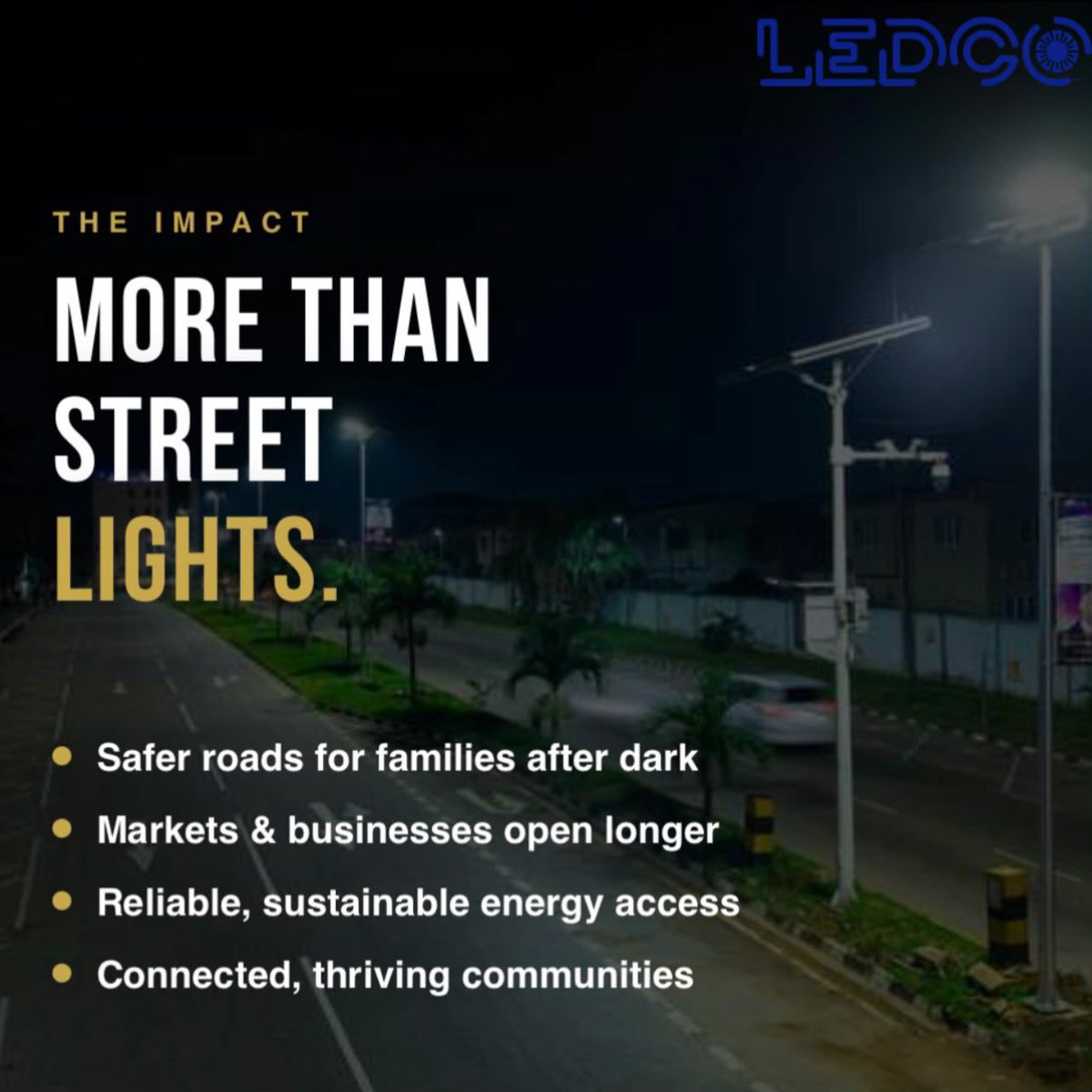LEDCoLimited's tweet photo. Light changes more than what you see. It changes how people live.💡

Our Smart Solar Street Lights make roads safer, support businesses &amp; create brighter communities in Nigeria. 🇳🇬

Powered by the sun. Built for the future! 🙌☀️

#LEDCo #SmartSolar #StreetLighting #Infrastructure https://t.co/l6kakVnRHo