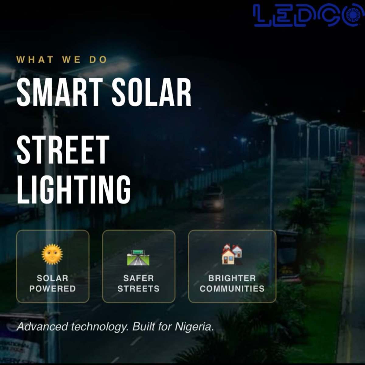 LEDCoLimited's tweet photo. Light changes more than what you see. It changes how people live.💡

Our Smart Solar Street Lights make roads safer, support businesses &amp; create brighter communities in Nigeria. 🇳🇬

Powered by the sun. Built for the future! 🙌☀️

#LEDCo #SmartSolar #StreetLighting #Infrastructure https://t.co/l6kakVnRHo