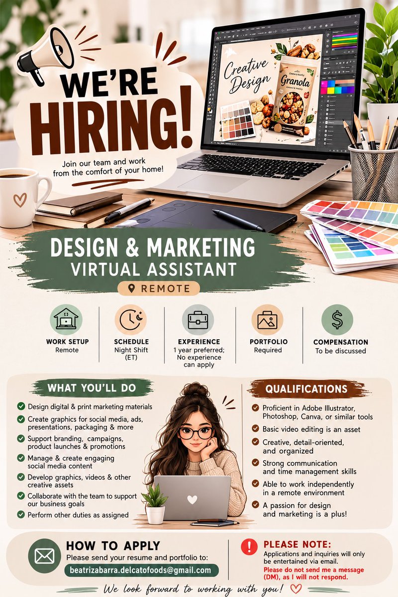 Beaaaaatot's tweet photo. 📢 We’re Hiring!

🎨 Design &amp; Marketing Virtual Assistant
🏠 Remote — Must be currently residing in the Philippines 🇵🇭
🌙 Night Shift (may follow ET depending on business needs)
💼 1 year experience preferred — no experience can also apply
🎨 Portfolio REQUIRED https://t.co/jfWjvUpTvb