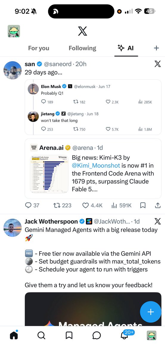 testingcatalog's tweet photo. X now has a dedicated AI timeline to follow latest AI model releases and more! 

To enable it, go to Add+ > Add Timeline > Select “Artificial Intelligence” > Profit! 

Even though my “For You” timeline is exactly the same, “AI” is now my default.

Cya there 👀 https://t.co/OprkkV1DnS