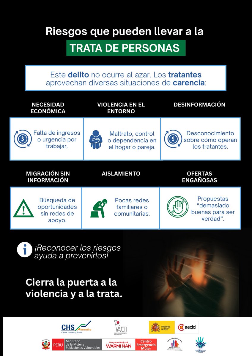 chsalternativo's tweet photo. 🚨 La trata de personas aprovecha circunstancias que pueden afectar a cualquiera. Conocer qué situaciones incrementan el riesgo nos permite tomar decisiones más seguras y proteger a quienes más queremos. 📷Cierra la puerta a la violencia y a la trata.
@AIETIcomunica
@AECIDPeru https://t.co/gEaI5VdpJm