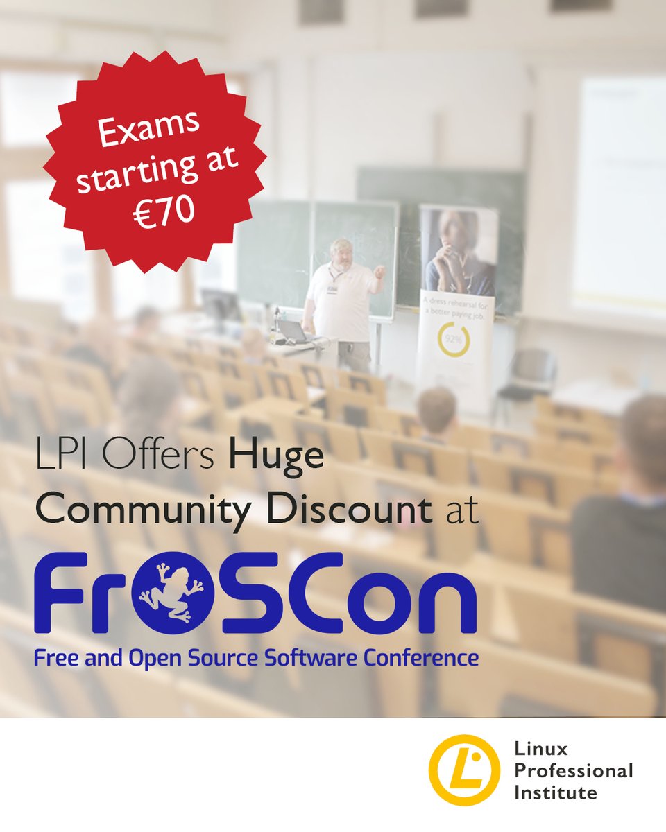 LPIConnect's tweet photo. LPI will join #FrOSCon, a leading community-driven #opensource conference in Germany, Aug 15–16!
Save big on LPI exams at the event, sponsored by our partners @LPI_CE & Linux Training @wefinet. 🐧💛
Essentials €70 / Others €110
Register today 👇
https://t.co/uOmHA4MsvU https://t.co/MaTNLecH7C