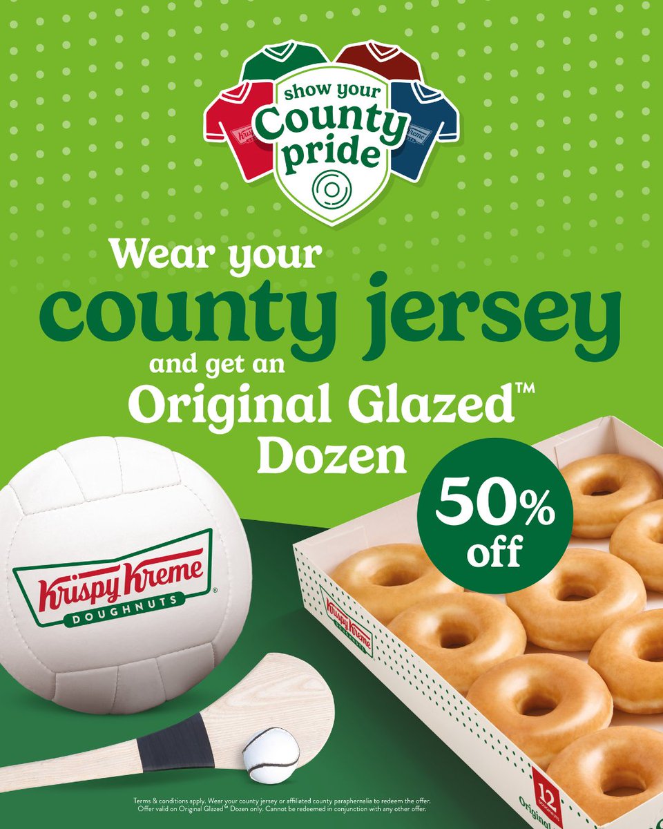 IlacCentre's tweet photo. 🏆 Match day = doughnut day! 🍩
Wear your county jersey into @krispykreme at the ILAC Centre this weekend and get 50% OFF an Original Glazed Dozen! 🙌 https://t.co/mhp1coCC4u
