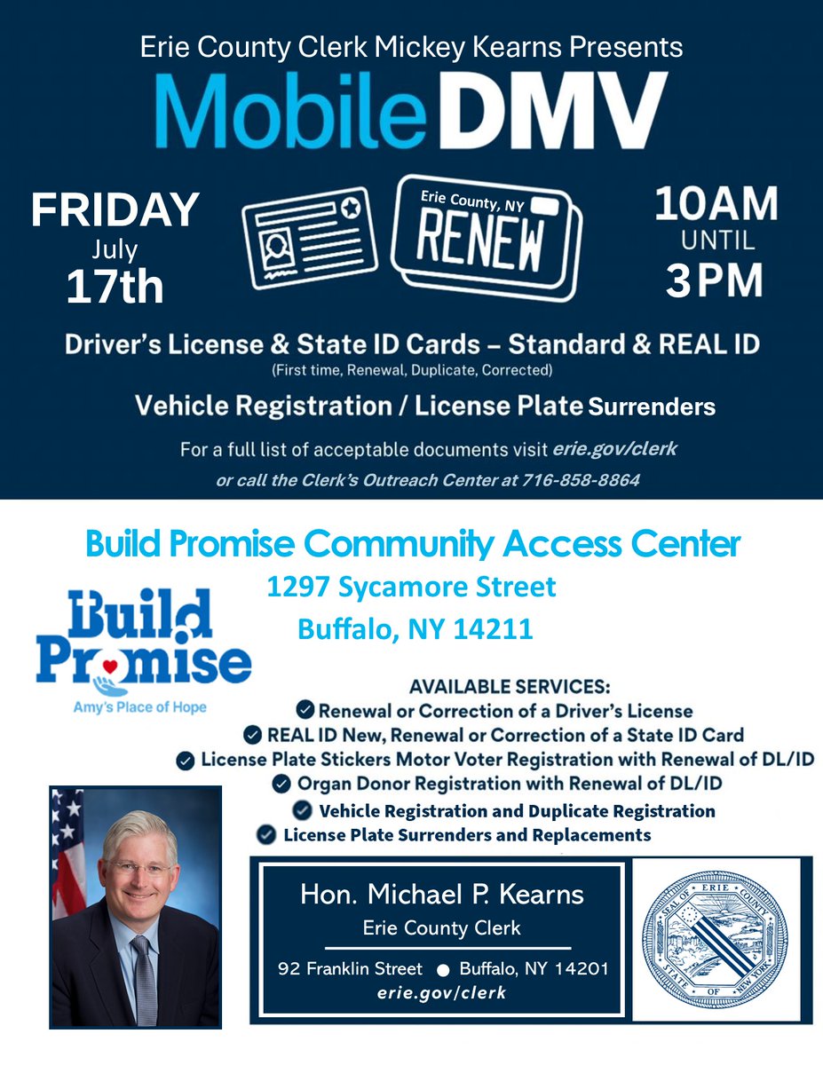 ErieCountyClerk's tweet photo. 🚨REMINDER🚨
Our Mobile DMV will be helping individuals in need obtain state-issued IDs, as well as other @nysdmv needs, at Build Promise Community Access Center today, July 17th.
#DMV #Access #REALID #BuildPromise❤️ https://t.co/63uvKr2oas