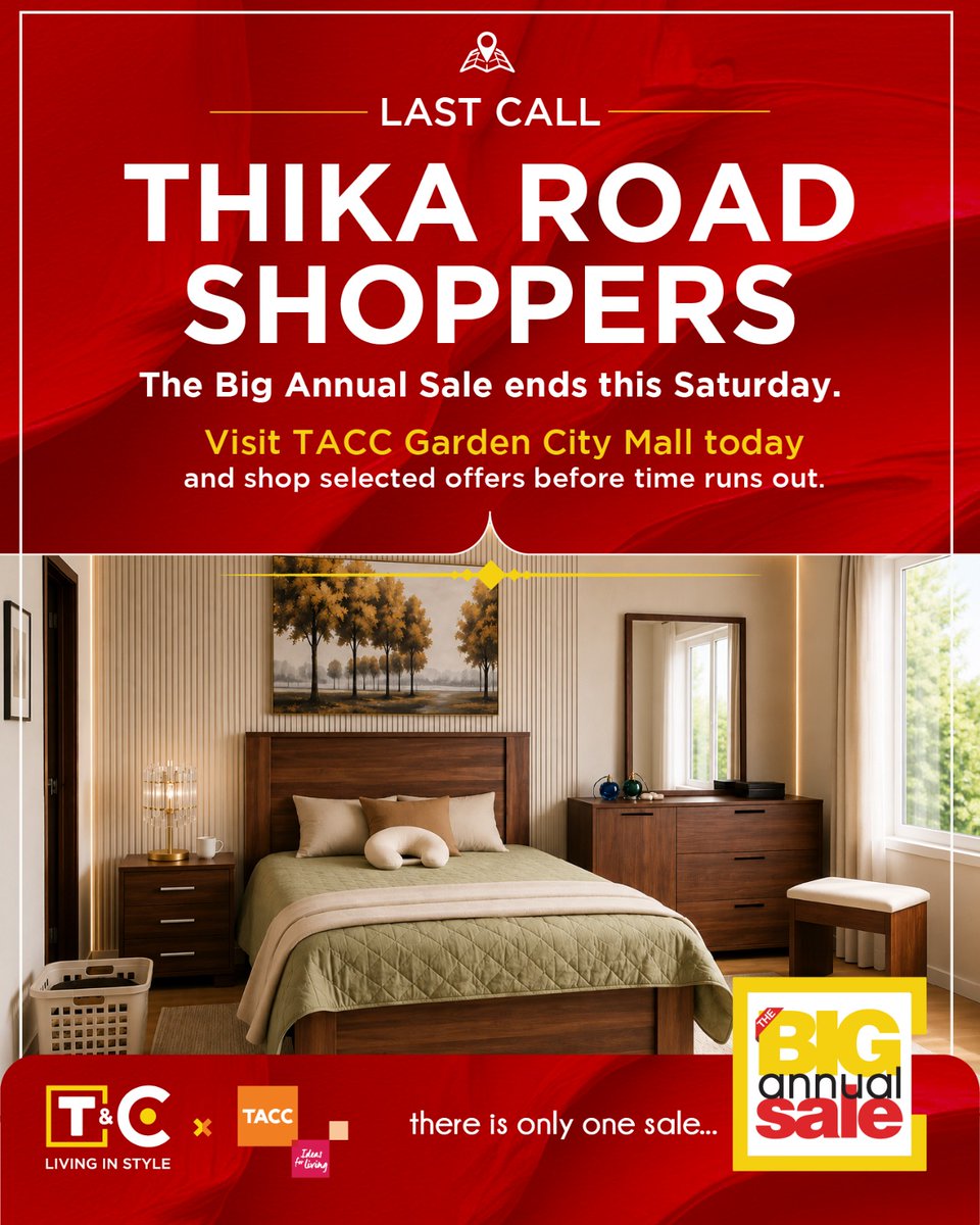 GardenCityNbi's tweet photo. The sale ends tomorrow.
Avoid the last-minute rush! Grab the pieces you need today while they are still in stock and deeply discounted.
Shop now at https://t.co/CxzAIJHVnt
WhatsApp: 0722 657000
@taccstore_ke Garden City Mall
#TheBigAnnualSale #BringItHome #TileAndCarpet #TACC https://t.co/wuG0Z4DgHt