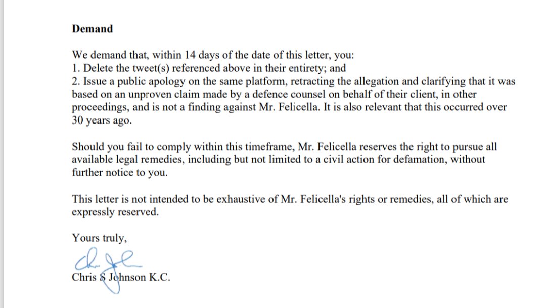 guyfelicella's tweet photo. I’ve posted here before about a relentless smear campaign against me using a 30-year-old sentencing transcript from a trial that wasn’t mine and which I didn’t even have the opportunity to testify in. The person who continues to smear me has never listened when I have corrected him, and it has put me in a position where I have no choice but to respond legally on the advice of my lawyer.

This week I took the first step, by sending a Cease & Desist letter to opinion writer Adam Zivo. I have asked him for a retraction and an apology, but if he’s unwilling to take responsibility for what he’s done, I’m preparing to take this case to court. 

If it does go that far, I’m looking forward to finding out how exactly Adam got a hold of the court records in a trial I wasn’t even party to.

Read the Cease & Desist below, and stay tuned.