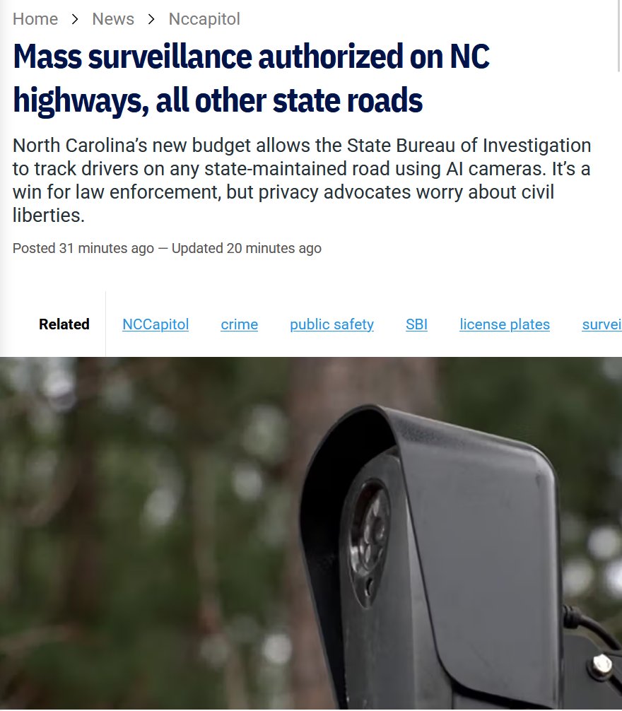 s2_underground's tweet photo. North Carolina just authorized the emplacement of Flock cameras on every single state road.

You ask, What's the penalty for police officers who abuse this intelligence collection sensor suite, and use the surveillance tools illegally?

It's a misdemeanor. Same class as petty larceny.