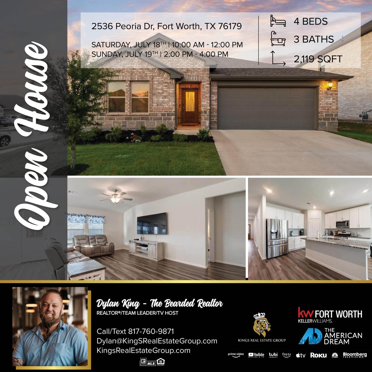 Kings_RE_Group's tweet photo. OPEN HOUSE! 
Saturday, July 18th | 10:00 AM - 12:00 PM
Sunday, July 19th | 2:00 PM - 4:00 PM

2536 Peoria Dr, Fort Worth

4 Bedrooms | 3 Bathrooms | 2,119 SqFt

View the property website at https://t.co/F6Gas96lpl and call us at 817-760-9871 for details. https://t.co/AUAGkE7uzl