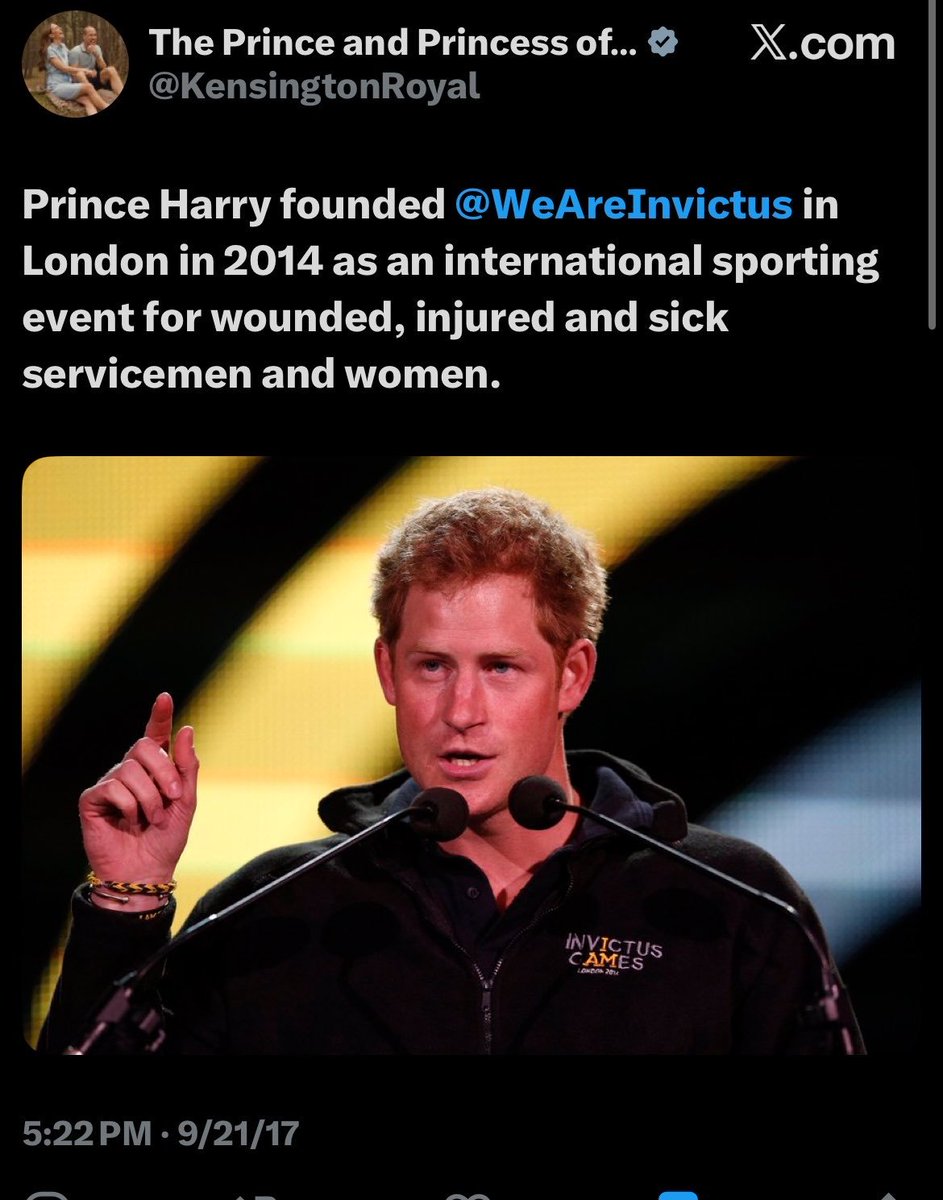 mona_lisa513's tweet photo. Prince Harry FOUNDED @WeAreInvictus. 
He pitched the idea.
Found sponsors.
Promoted it.
Showed up every year.
Talked with the veterans and their families.

Not Charles. Not William. Only Harry. Did all of those. 

No one can take IG from him.
Cry as hard as you want. https://t.co/aYpfJWRLT1
