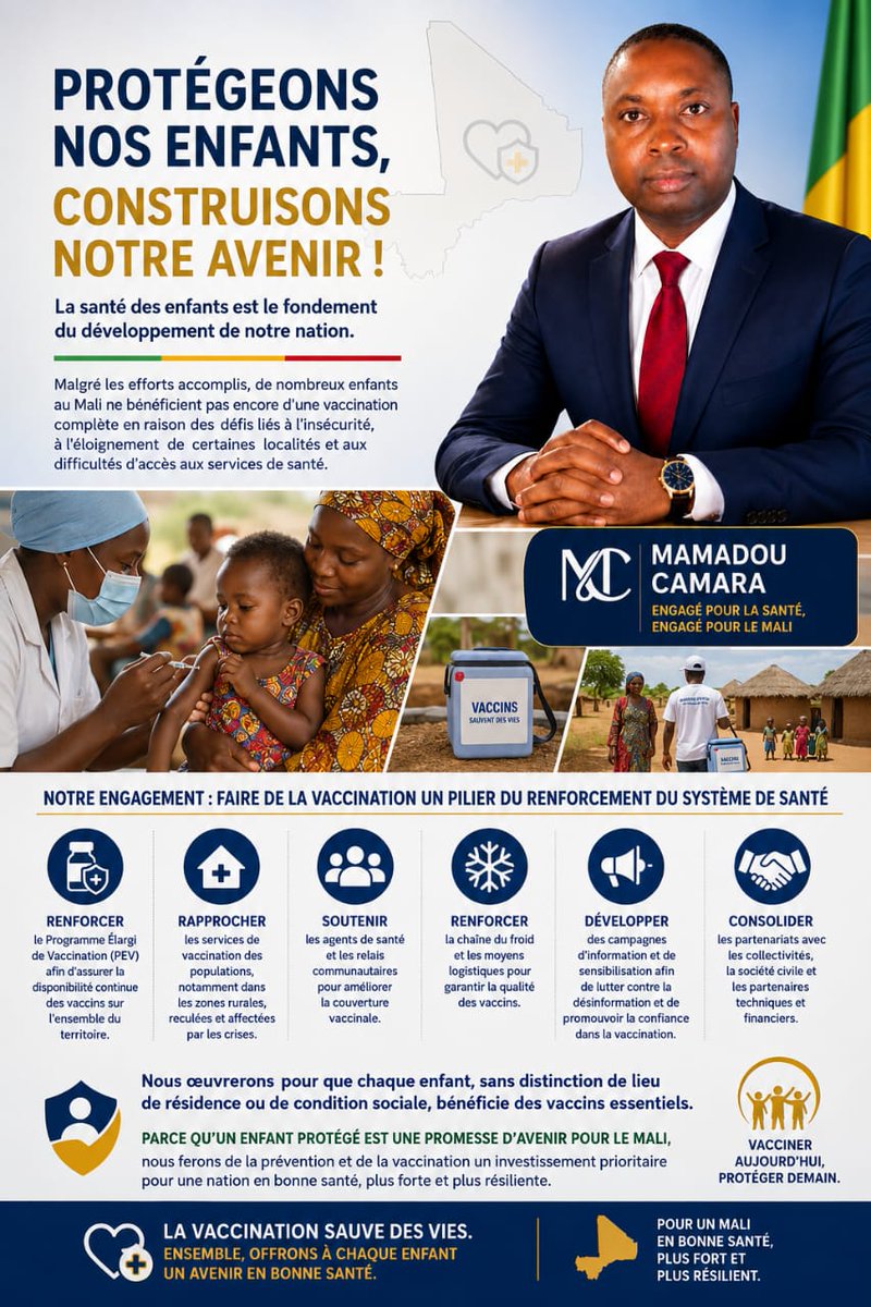ndomamma's tweet photo. La santé de nos enfants est l'avenir du Mali. Nous ferons de la vaccination une priorité en renforçant le PEV, en rapprochant les services des populations, en soutenant les agents de santé et en luttant contre la désinformation. Chaque enfant doit être protégé, partout au Mali. https://t.co/sYGFJJgczX