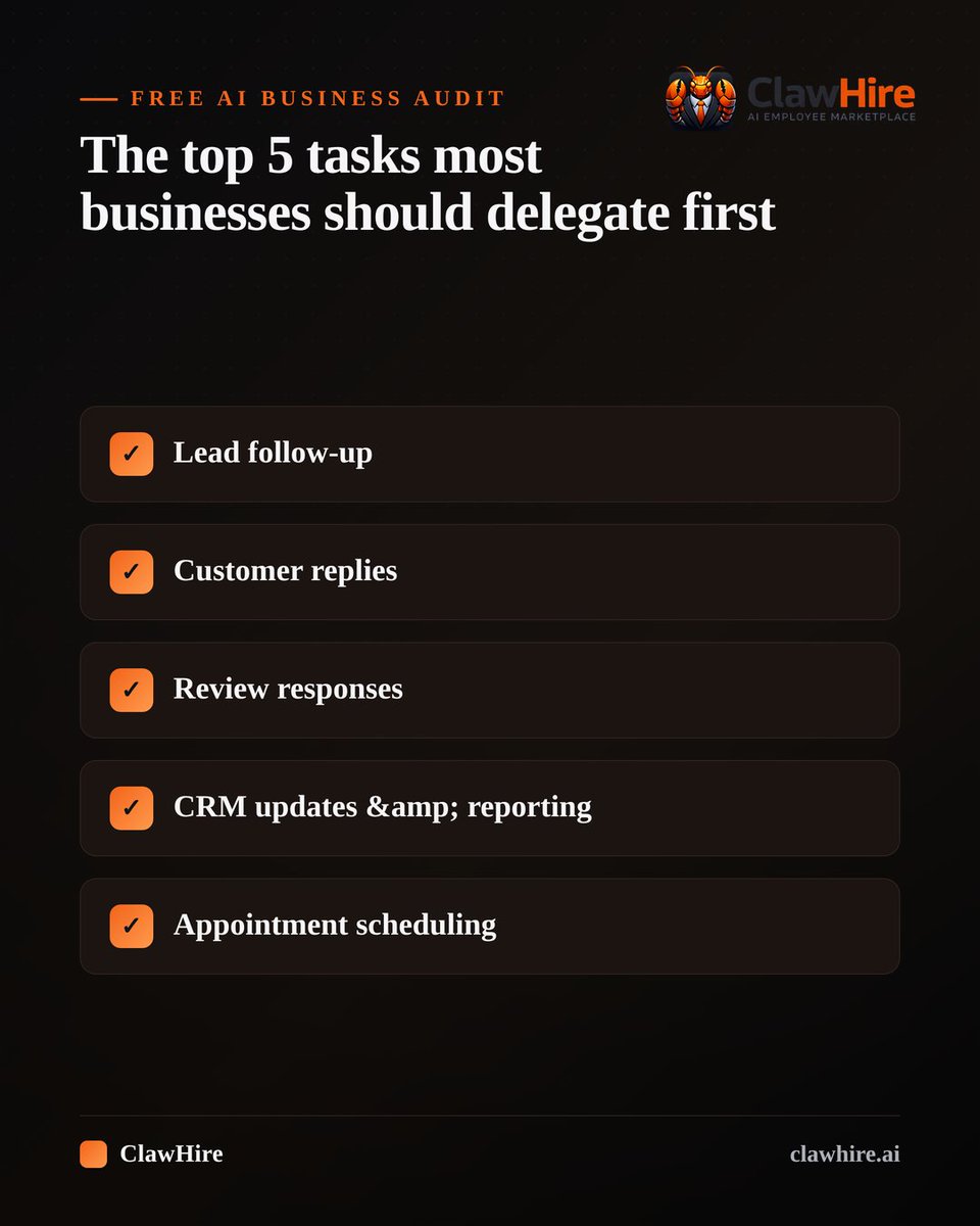 ClawHire's tweet photo. What would you delegate first?

Take the free AI Business Audit and see which tasks an AI employee could take off your plate this month.

Free AI Business Audit → https://t.co/MxV1yNGFmd https://t.co/DlUE7OcF0F