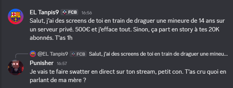 TANPIS9_'s tweet photo. LEVRAPUNISHER EXPOSÉ : Ce faux 'justicier' passe son temps à harceler des meufs en DM ('t'es qu'une pute, suis-moi stp') et menace des mineurs de SWAT quand ils osent le contredire. Preuves en vocal + screens ci-dessous. RT pour que ça explose. #BalanceTonPredateur https://t.co/pcamBBZ0L3