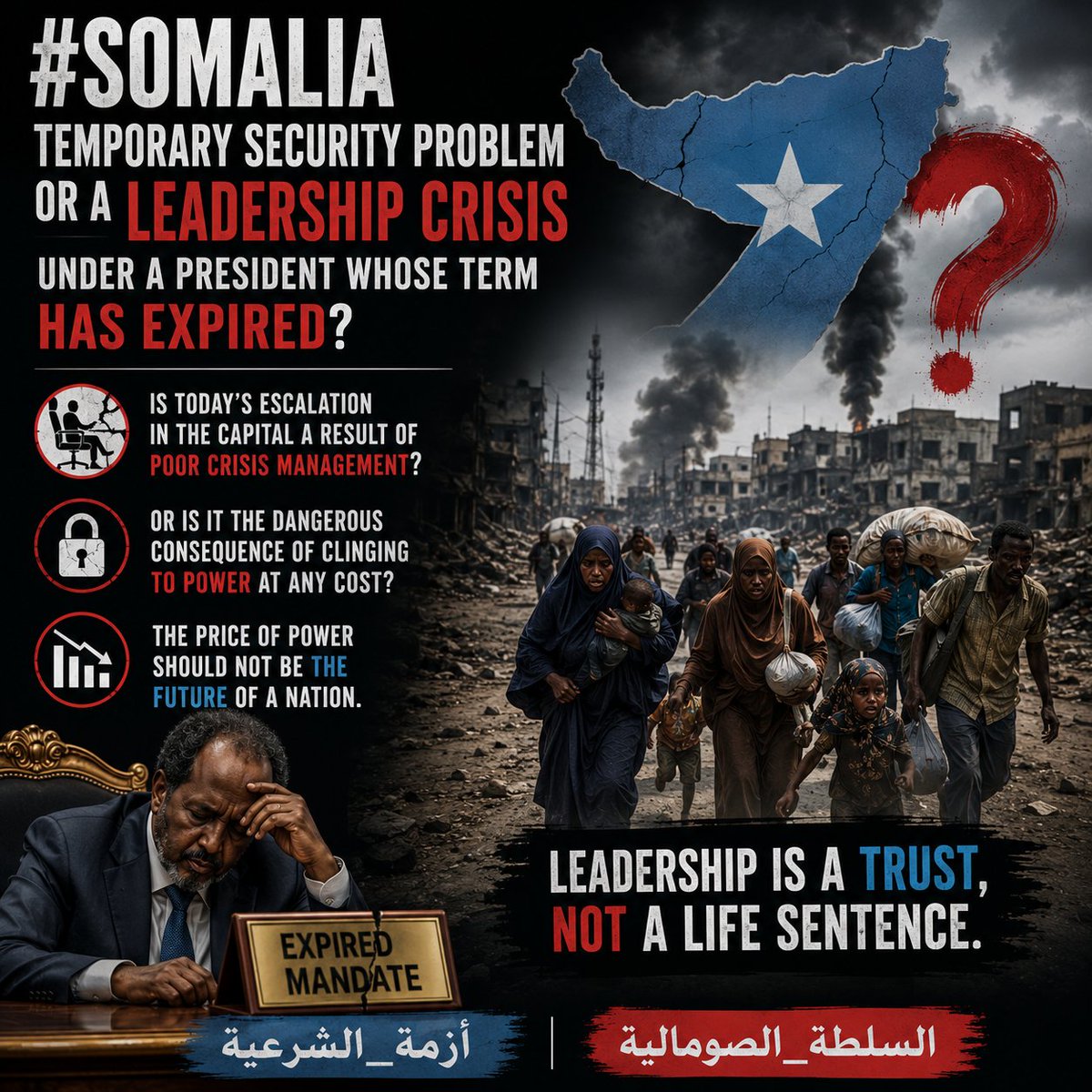 HodanFaara's tweet photo. Is #Somalia facing a temporary security problem, or a deeper leadership crisis under a president whose term has expired? 📉 Is today's dangerous escalation in the capital a direct result of poor crisis management and a determination to hold onto power? 🔒🔥

#LegitimacyCrisis https://t.co/jbpEgsxhcC